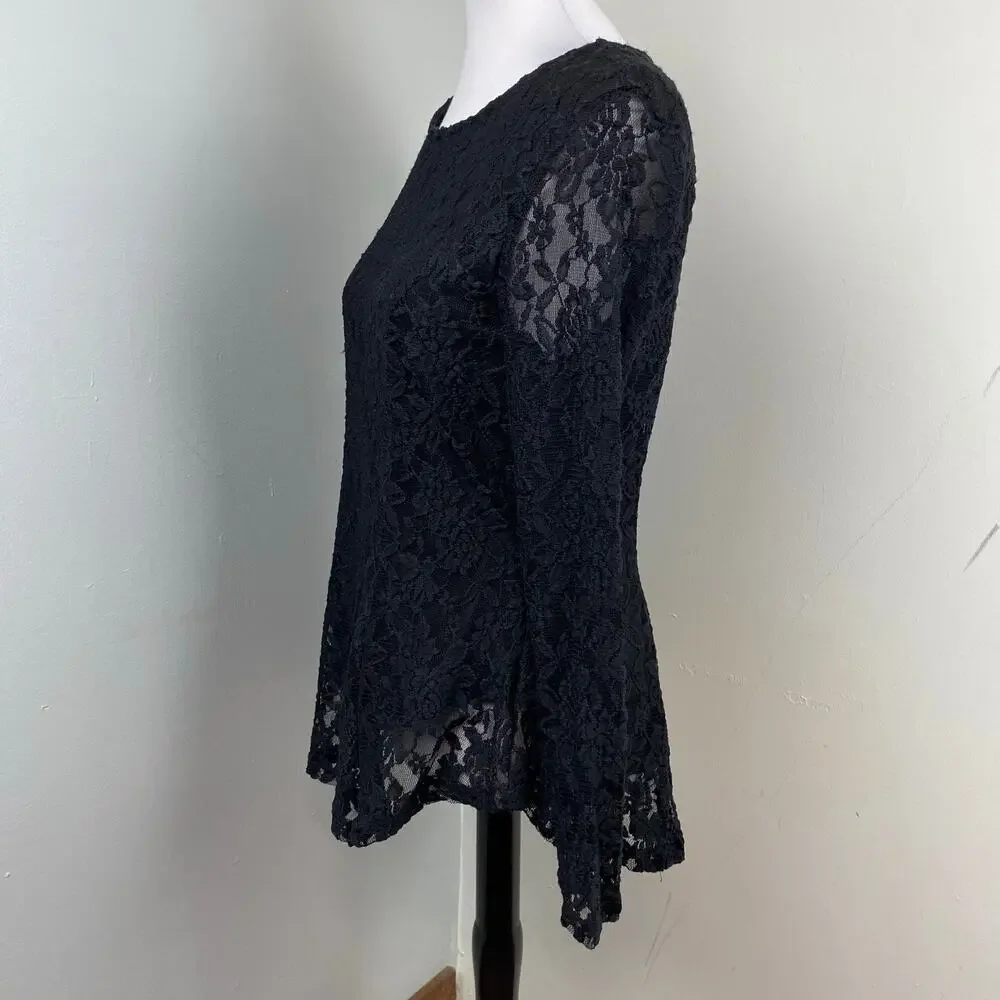 Carmen Marc Valvo Black Lace Long Sleeve Layered Top Medium - Picture 6 of 7